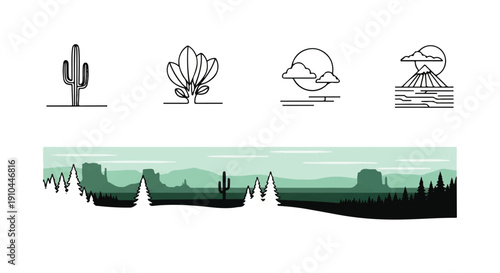 Illustrating Desert Landscape with Cactus, Flower, Leaf, Bird Icons Above Mountain Silhouettes