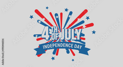 4th of July Independence Day banner, patriotic fireworks explosion with red, white, and blue colors, vector illustration for poster or social media