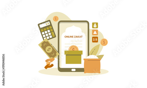Online Zakat and Charity Payment Concept via Smartphone Flat Illustration