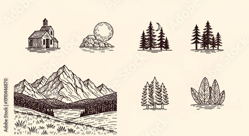 Hand‑drawn black‑and‑white illustrations of a church, mountain, moon, trees and foliage arranged on pale yellow background