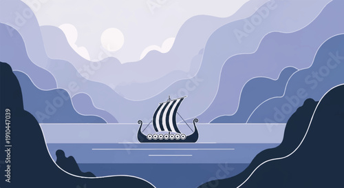 Viking ship sails across tranquil waters beneath sunrise‑lit mountains in a peaceful landscape