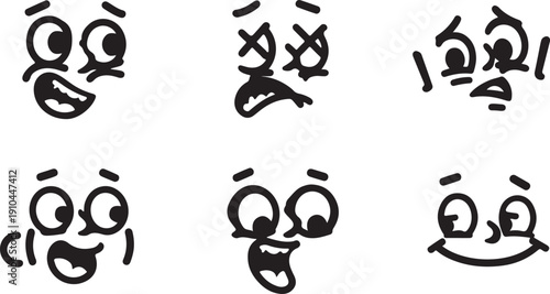 Six expressive emoticons depicting various facial emotions and reactions Vector, illustration