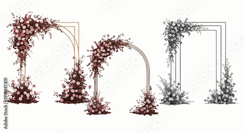 Set of Modern Metal Wedding Arches with Lush Floral Arrangements