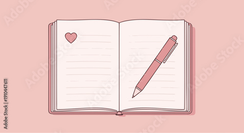Wedding Planner Notebook with Pen and Heart Icon in Hand-Drawn Style