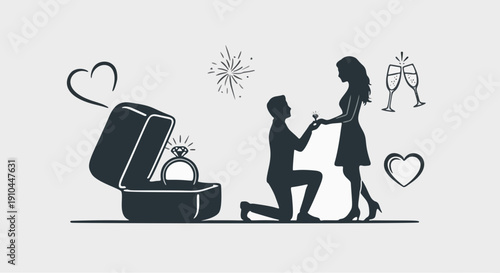 Romantic Marriage Proposal Silhouette with Giant Ring Box and Hearts