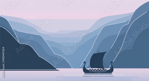 Viking Ship Navigates Serene Mountain Waters Adventure in Minimalist Illustration