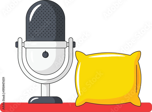 A professional studio microphone stands next to a bright yellow pillow against a white background for sleep podcast concepts.