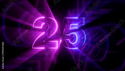 Glowing neon number 25 against dark background, futuristic purple and pink laser lights, synthwave style, 25th anniversary or birthday celebration concept