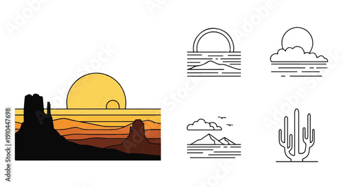 Sunset Desert Landscape with Stylized Rock, Colorful Sunset and Four Minimalist Line Illustrations