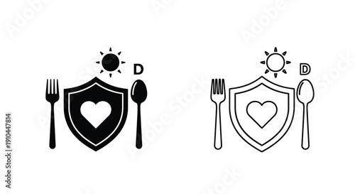 Two black and white icons depicting food love and protection