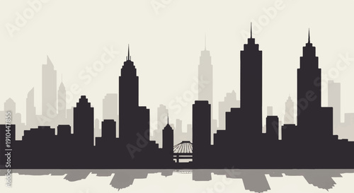 A serene city skyline over calm water, black buildings rising in silhouette against a light backdrop, captured from a high viewpoint