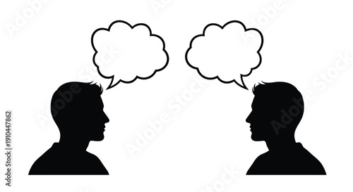 Two silhouetted heads facing each other with speech bubbles above them