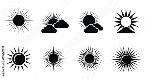 Black and white sun icons depicting various weather conditions and phases