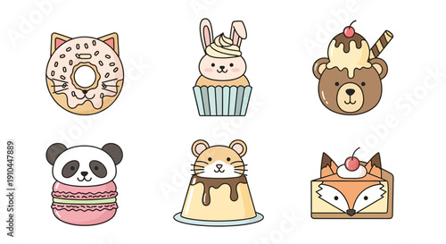 Cartoon desserts with animal faces for childrens menu or design projects