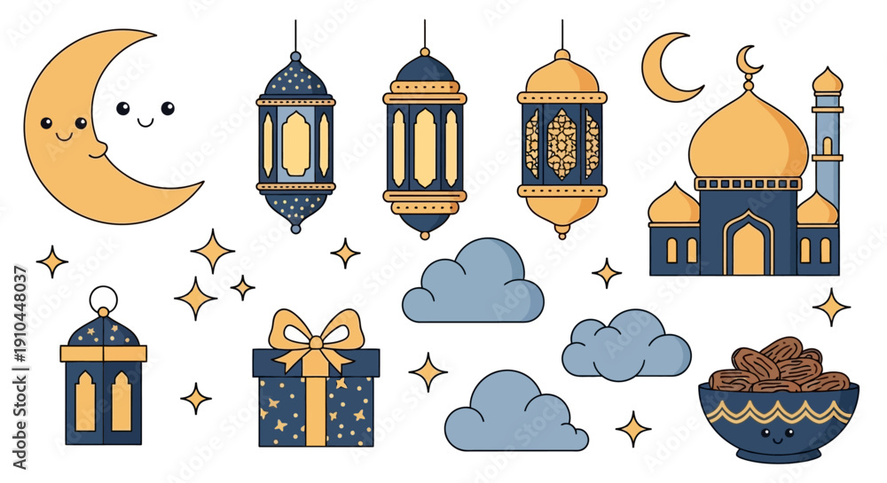 Fototapeta premium Islamic holiday illustrations moon lanterns mosque clouds gift box