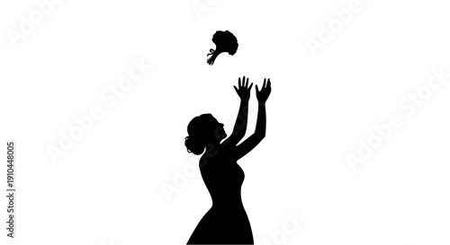 Elegant Silhouette of a Bride Throwing a Wedding Bouquet isolated on white background