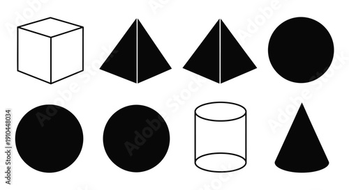Basic geometric shapes in black and white cube sphere cone and cylinder