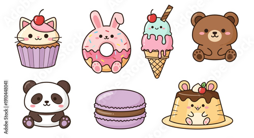 Cute cartoon desserts collection cupcake donut ice cream animals