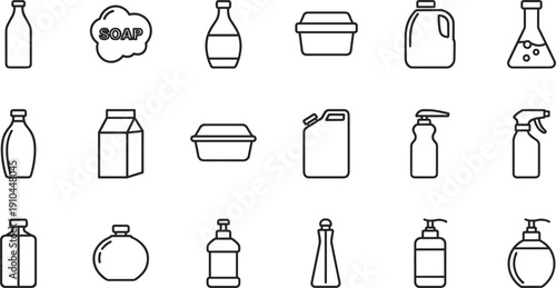 Plastic Bottle and Container Line Icons Set Packaging Cleaning Cosmetic Vector Illustration Collection
