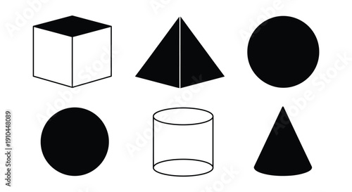 Geometric shapes including cubes cones cylinders and spheres in black and white