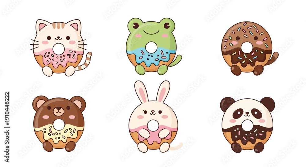 Fototapeta premium Cartoon donuts featuring animals cat frog bear rabbit panda for fun design