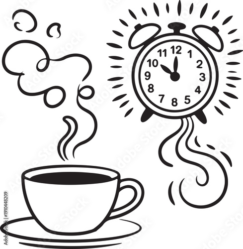 Morning coffee break with a steaming cup and an alarm clock under the sun Vector, illustration