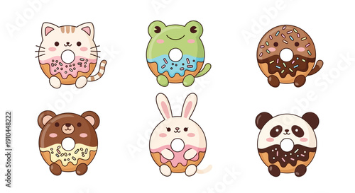 Cartoon donuts featuring animals cat frog bear rabbit panda for fun design