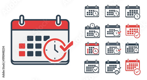 Calendar icons with clocks and checkmarks in varying designs and colors
