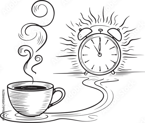 Morning coffee and time management symbolized by a cup and an alarm clock Vector, illustration