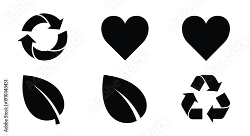 Black icons depicting recycling love and nature themes
