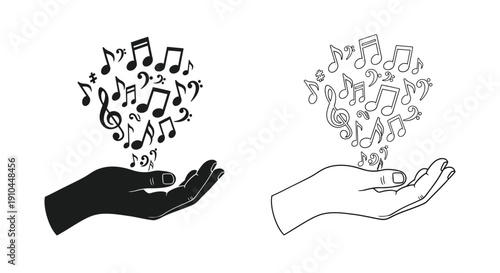 Hands offering musical notes a black and white illustration