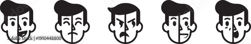 A series of five black and white facial expressions depicting varying moods and emotions Vector, illustration