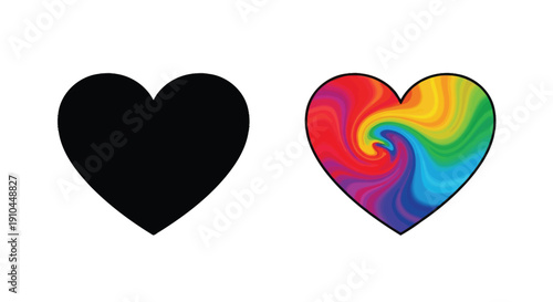 Two hearts one black one a vibrant swirling rainbow of color