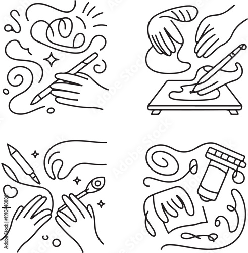Creative illustration of hands engaging in artistic and writing activities Vector, illustration