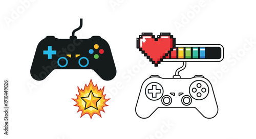 Gaming icons controller heart loading bar star and explosion depicted