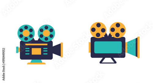 Two stylized film cameras with reels representing cinema and video
