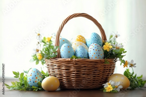 wicker basket filled with pastel blue and yellow painted eggs with polka dots and speckles, nestled among green foliage and small white and yellow flowers, cheerful spring scene