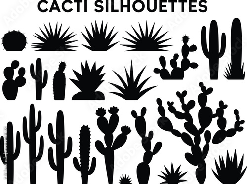 Large set of cacti silhouettes black vector icons isolated on white background featuring saguaro prickly pear and desert succulent plants for southwest nature design