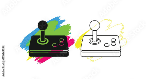 Two joystick illustrations against a colorful abstract brushstroke background