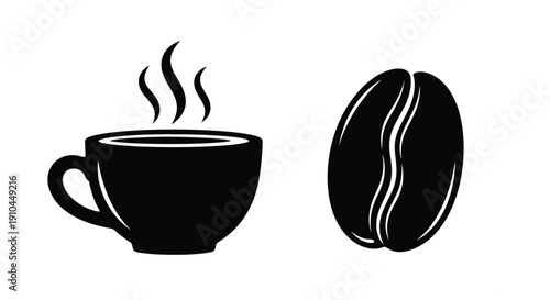 A simple black and white illustration of coffee and a bean