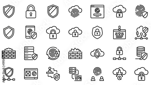 Digital Security Icons Representing Data Protection and Network Safety.