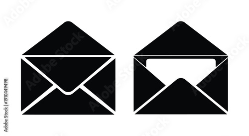 Two black envelope icons one closed and one open on a white background