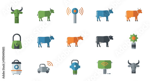 Cow Icons and Smart Farming Technology Symbols.