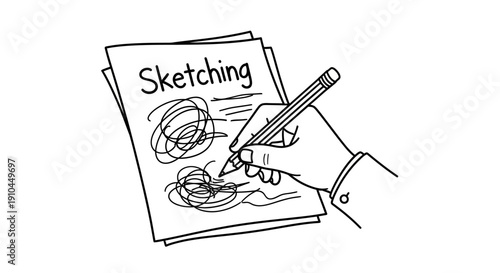 Creative Hand Sketching on Paper with Pencil Doodle Art Illustration.