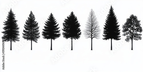 Seven black tree silhouettes in a row: varied evergreen pines, a bare winter tree and a leafy deciduous tree on a minimalist white background, evoking calm and stark serenity