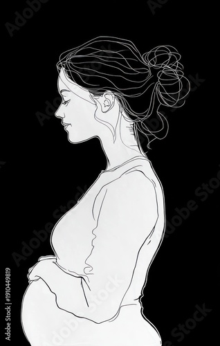 Minimal line drawing profile of a pregnant woman with a messy bun, hands resting on her belly, serene and contemplative against a black background