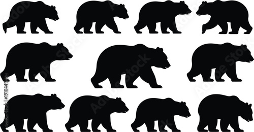 Black Bear Silhouettes Set of Walking Grizzly and Brown Bears Isolated on White Background for Wildlife Nature Design Forest Graphics and Vector Art Illustrations