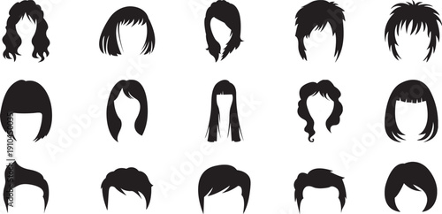 Hair silhouette collection featuring modern male and female hairstyles. Black haircut icons with short, long, curly, and straight styles. Perfect beauty, salon, fashion, and avatar design use.