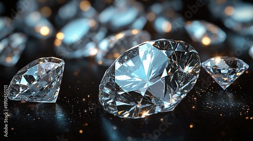 Close-up of sparkling faceted diamonds and loose gems on a dark glittering surface with warm bokeh highlights, evoking luxury and glamour