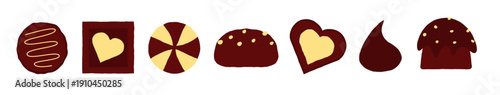 Vector set of isolated chocolate candies and chocolate hearts on transparent background - Valentine's day, Halloween, and Christmas holiday themed hand drawn food snack illustration